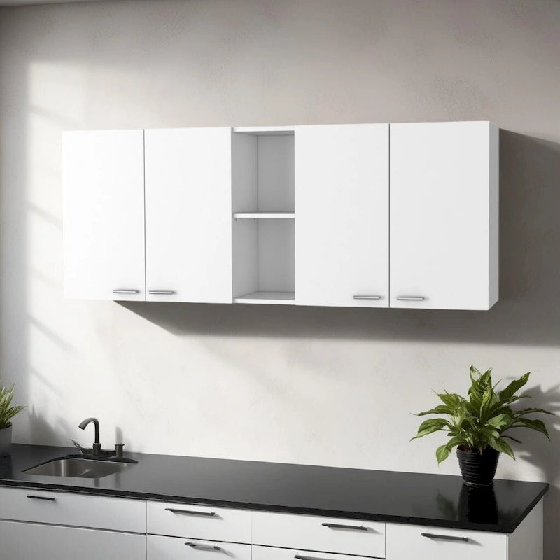 59" White Wood Wall Mounted Accent Cabinet with Four Doors