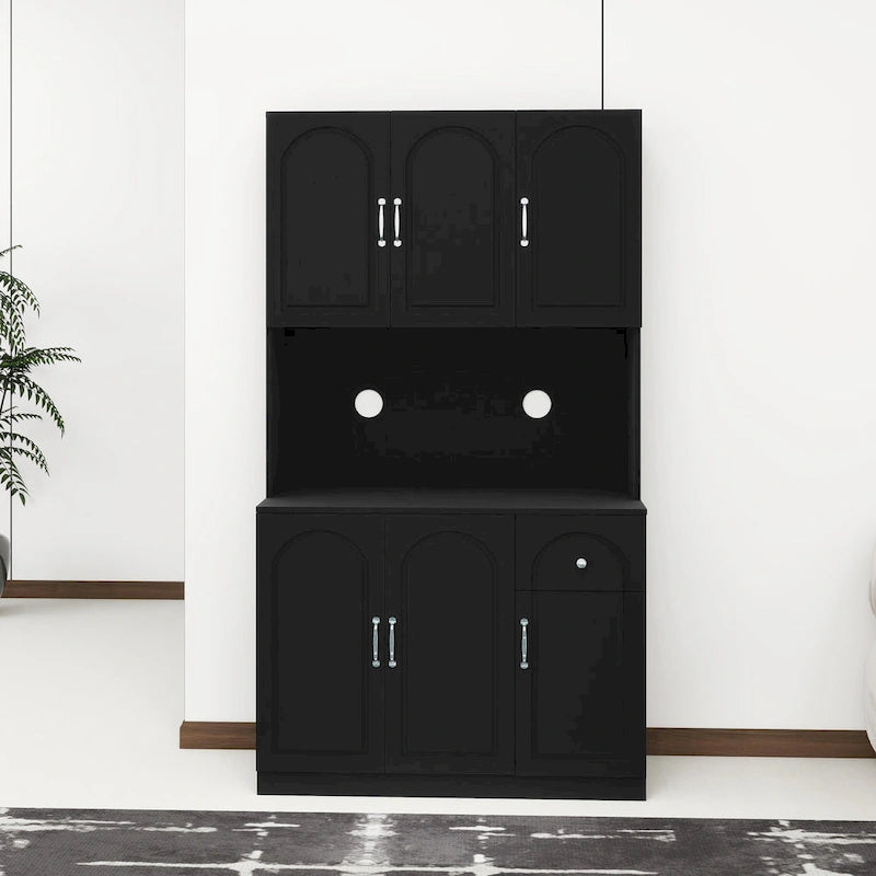 71 Kitchen Pantry Storage Cabinet with Microwave Oven Countertop, Freestanding Hutch Cabinet with Adjustable Shelves