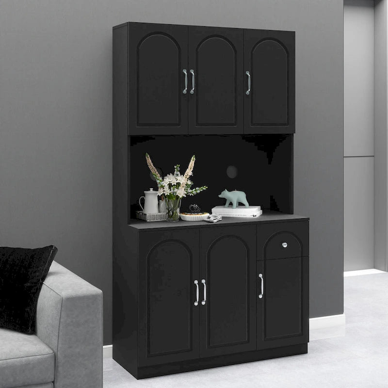 71 Kitchen Pantry Storage Cabinet with Microwave Oven Countertop, Freestanding Hutch Cabinet with Adjustable Shelves