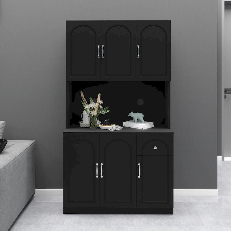 71 Kitchen Pantry Storage Cabinet with Microwave Oven Countertop, Freestanding Hutch Cabinet with Adjustable Shelves