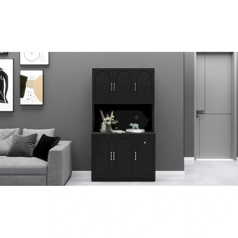 71 Kitchen Pantry Storage Cabinet with Microwave Oven Countertop, Freestanding Hutch Cabinet with Adjustable Shelves