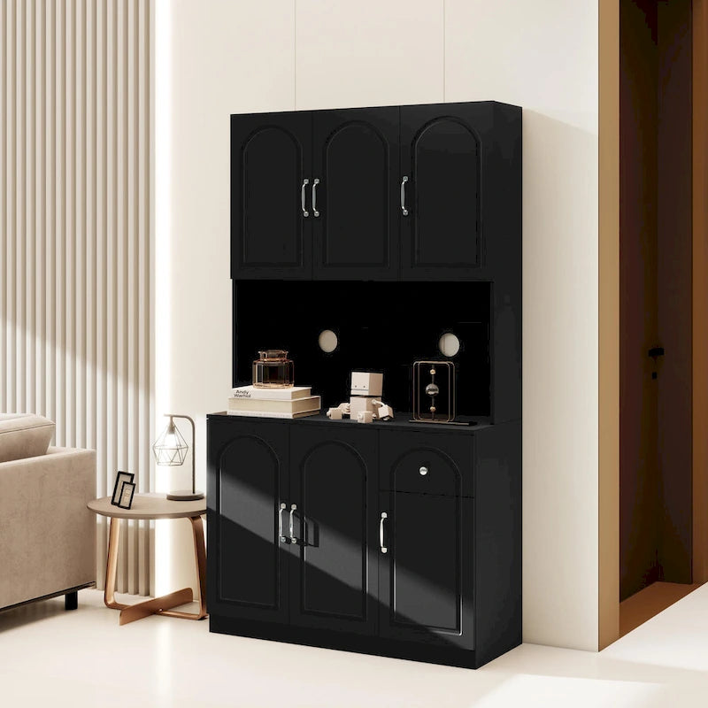 71 Kitchen Pantry Storage Cabinet with Microwave Oven Countertop, Freestanding Hutch Cabinet with Adjustable Shelves