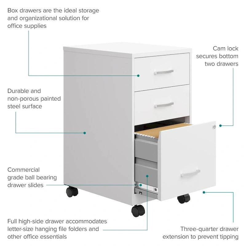 3-Drawer Mobile Metal File Cabinet, Pearl White