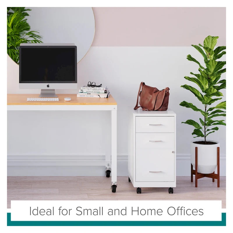 3-Drawer Mobile Metal File Cabinet, Pearl White