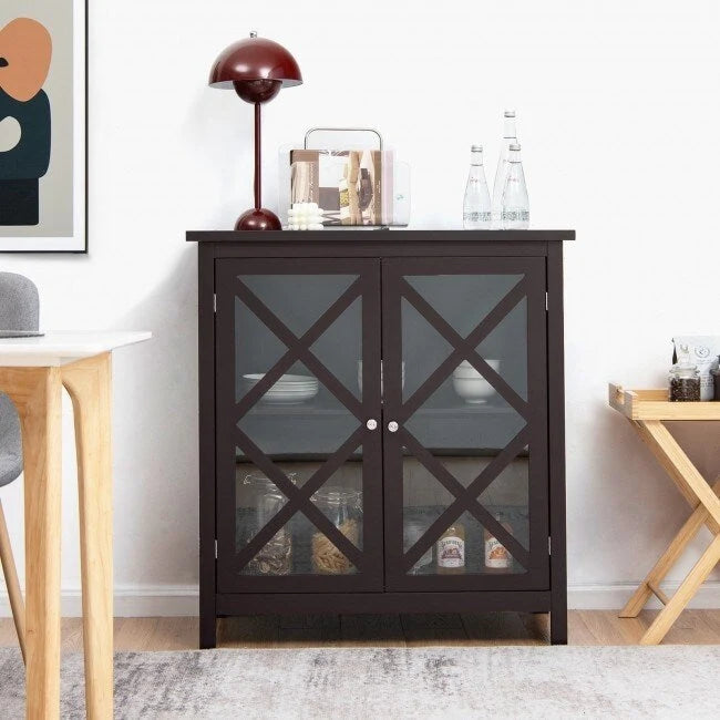 Buffet Cabinet with Tempered Glass Doors & Adjustable Shelves for Kitchen - 35.5 x 15.5 x 38 (L x W x H)