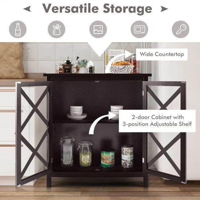 Buffet Cabinet with Tempered Glass Doors & Adjustable Shelves for Kitchen - 35.5 x 15.5 x 38 (L x W x H)