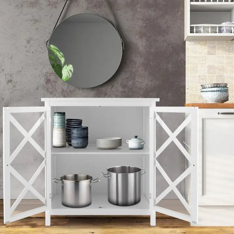 Buffet Cabinet with Tempered Glass Doors & Adjustable Shelves for Kitchen - 35.5 x 15.5 x 38 (L x W x H)