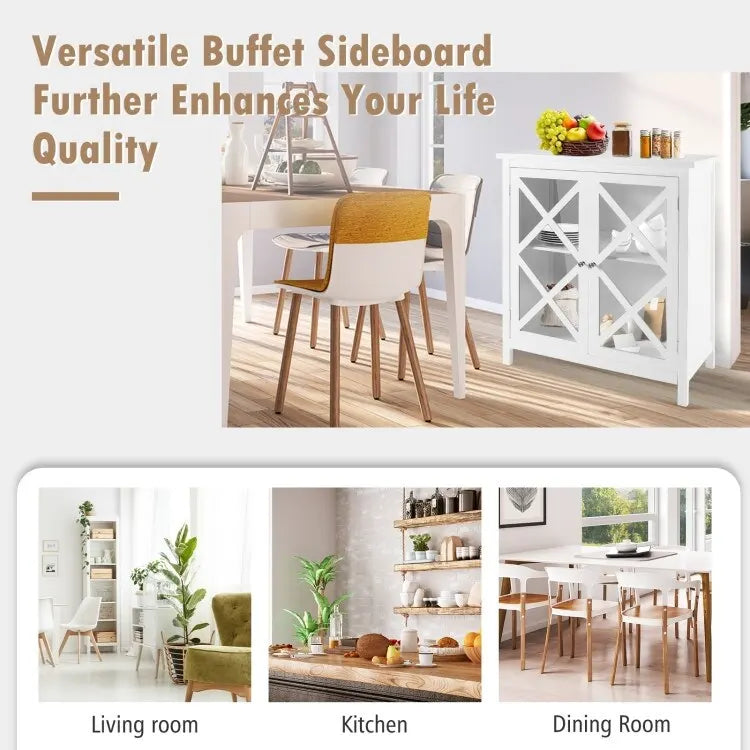 Buffet Cabinet with Tempered Glass Doors & Adjustable Shelves for Kitchen - 35.5 x 15.5 x 38 (L x W x H)