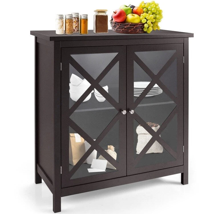 Buffet Cabinet with Tempered Glass Doors & Adjustable Shelves for Kitchen - 35.5 x 15.5 x 38 (L x W x H)