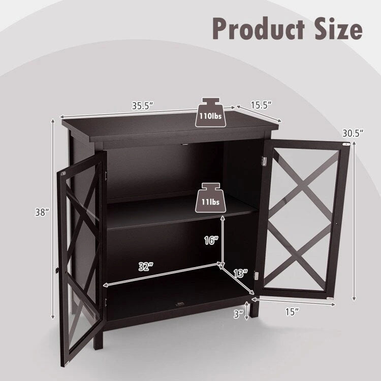 Buffet Cabinet with Tempered Glass Doors & Adjustable Shelves for Kitchen - 35.5 x 15.5 x 38 (L x W x H)