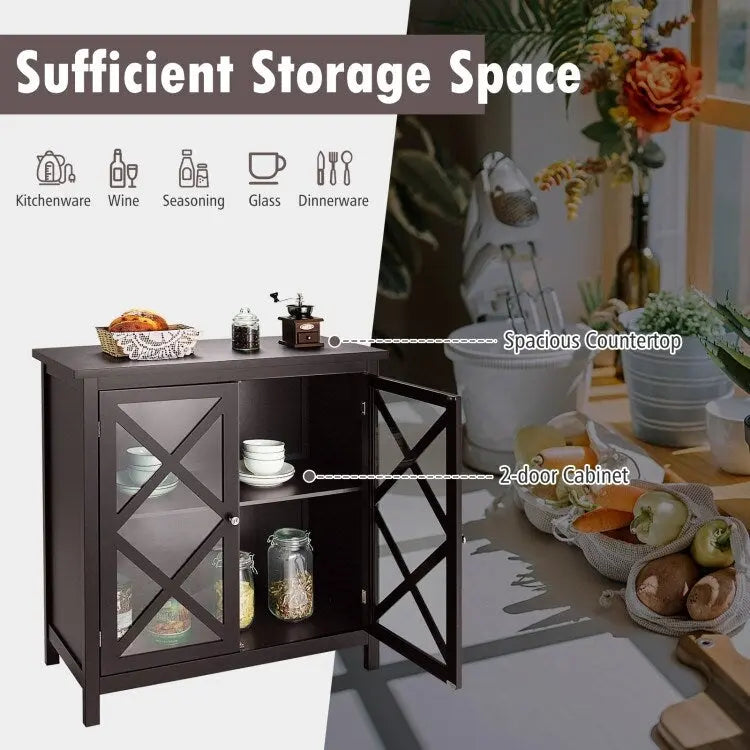 Buffet Cabinet with Tempered Glass Doors & Adjustable Shelves for Kitchen - 35.5 x 15.5 x 38 (L x W x H)