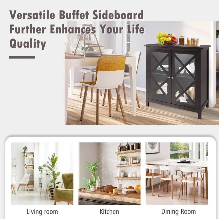 Buffet Cabinet with Tempered Glass Doors & Adjustable Shelves for Kitchen - 35.5 x 15.5 x 38 (L x W x H)