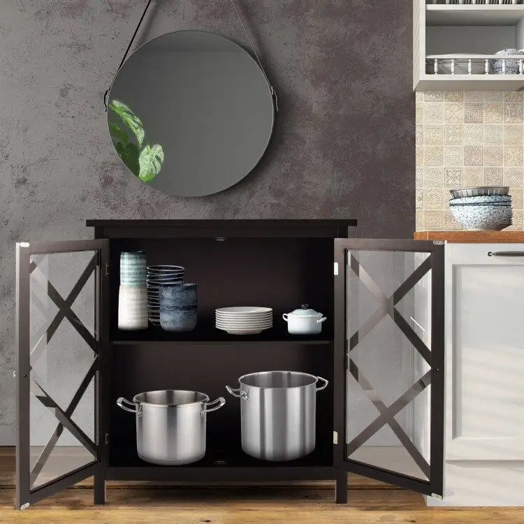 Buffet Cabinet with Tempered Glass Doors & Adjustable Shelves for Kitchen - 35.5 x 15.5 x 38 (L x W x H)