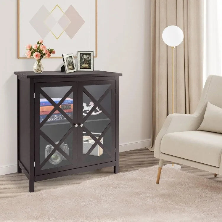 Buffet Cabinet with Tempered Glass Doors & Adjustable Shelves for Kitchen - 35.5 x 15.5 x 38 (L x W x H)