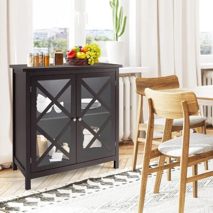 Buffet Cabinet with Tempered Glass Doors & Adjustable Shelves for Kitchen - 35.5 x 15.5 x 38 (L x W x H)