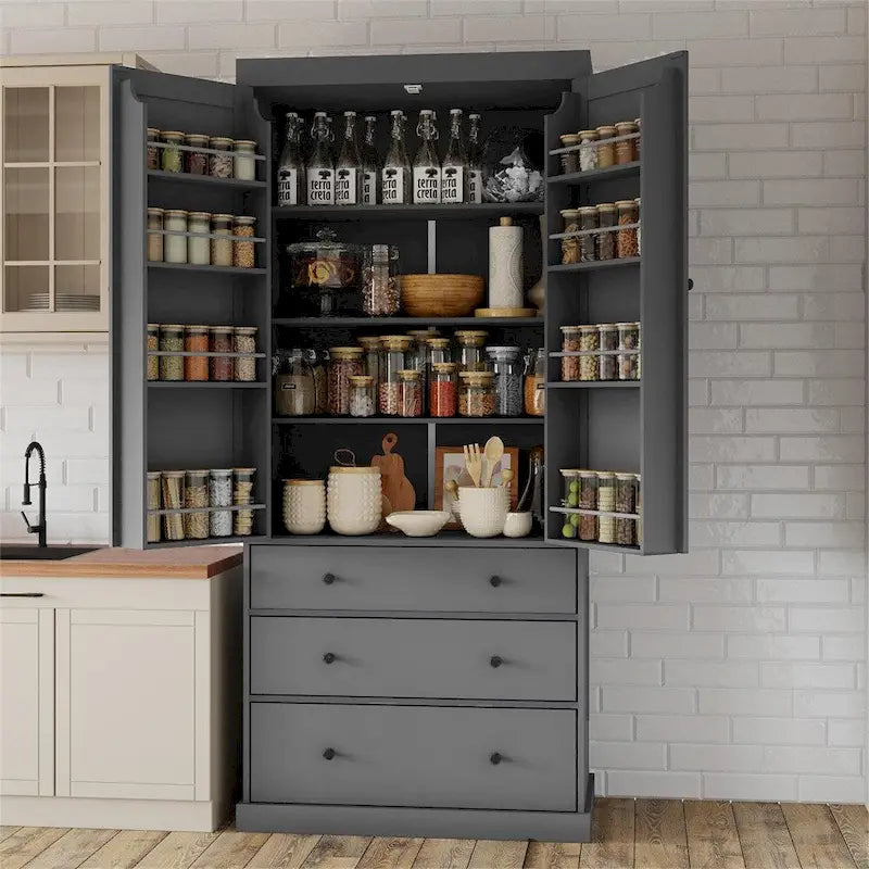 Freestanding Tall Cupboard Storage Cabinet w/ 8 Door Shelves, 3 Drawer