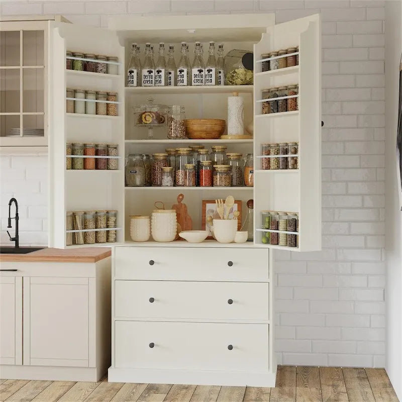 Freestanding Tall Cupboard Storage Cabinet w/ 8 Door Shelves, 3 Drawer