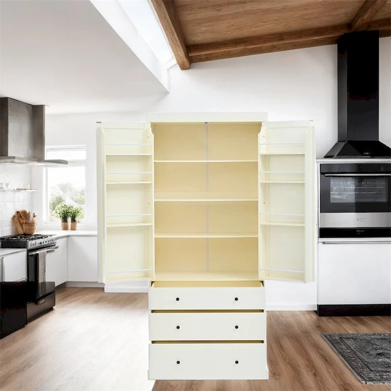 Freestanding Tall Cupboard Storage Cabinet w/ 8 Door Shelves, 3 Drawer