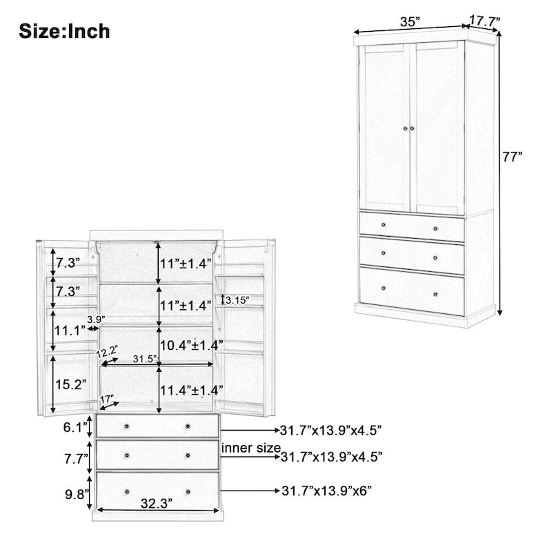 Freestanding Tall Cupboard Storage Cabinet w/ 8 Door Shelves, 3 Drawer