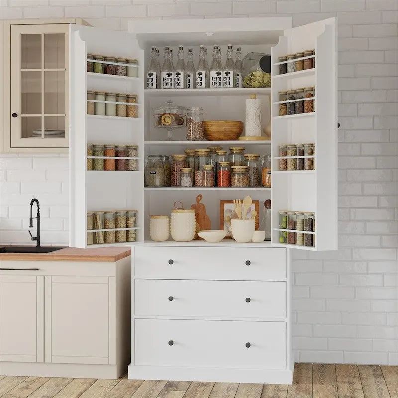 Freestanding Tall Cupboard Storage Cabinet w/ 8 Door Shelves, 3 Drawer