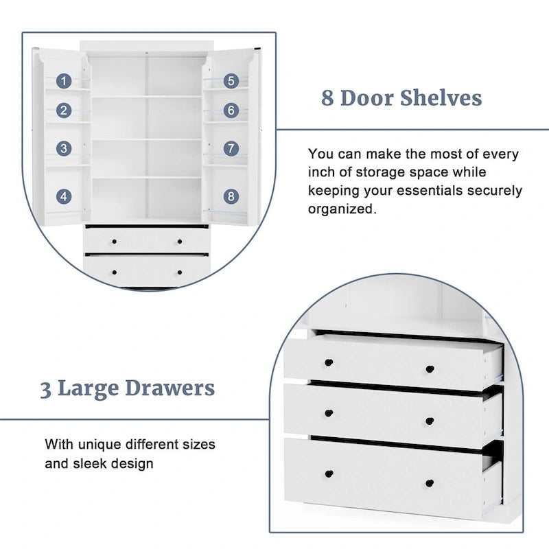 Freestanding Tall Cupboard Storage Cabinet w/ 8 Door Shelves, 3 Drawer
