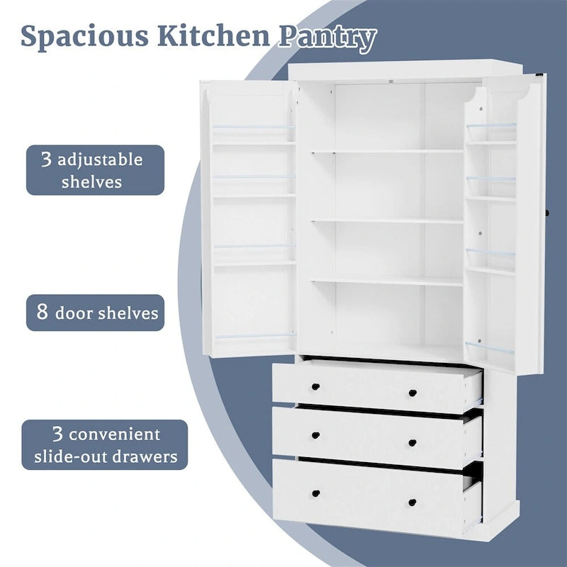 Freestanding Tall Cupboard Storage Cabinet w/ 8 Door Shelves, 3 Drawer