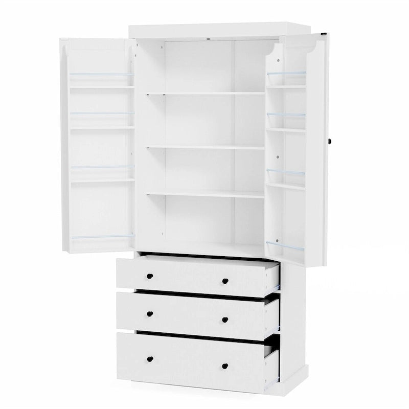 Freestanding Tall Cupboard Storage Cabinet w/ 8 Door Shelves, 3 Drawer