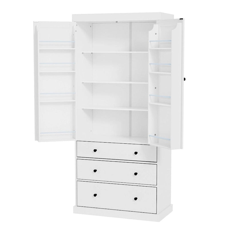 Freestanding Tall Cupboard Storage Cabinet w/ 8 Door Shelves, 3 Drawer