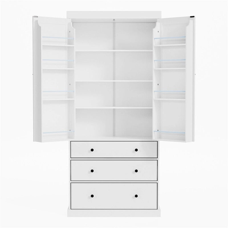 Freestanding Tall Cupboard Storage Cabinet w/ 8 Door Shelves, 3 Drawer