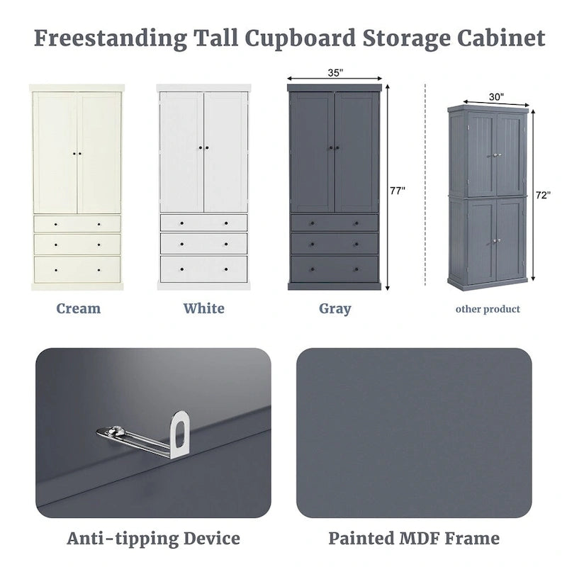 Freestanding Tall Cupboard Storage Cabinet w/ 8 Door Shelves, 3 Drawer
