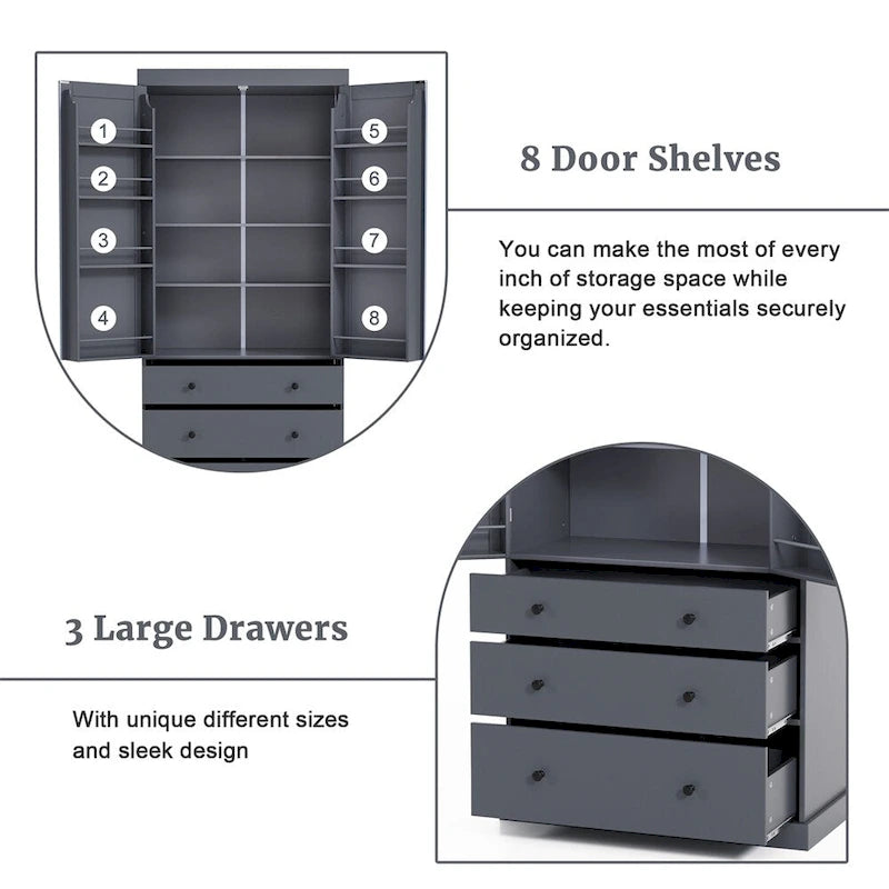 Freestanding Tall Cupboard Storage Cabinet w/ 8 Door Shelves, 3 Drawer