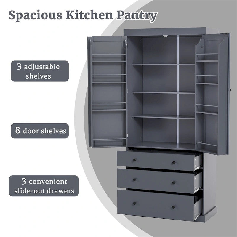 Freestanding Tall Cupboard Storage Cabinet w/ 8 Door Shelves, 3 Drawer
