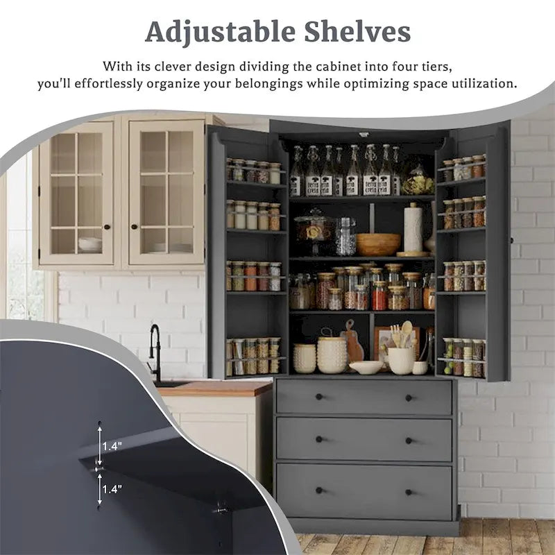 Freestanding Tall Cupboard Storage Cabinet w/ 8 Door Shelves, 3 Drawer