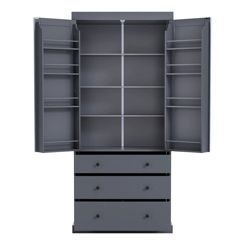 Freestanding Tall Cupboard Storage Cabinet w/ 8 Door Shelves, 3 Drawer