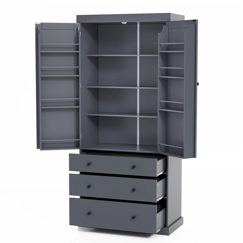 Freestanding Tall Cupboard Storage Cabinet w/ 8 Door Shelves, 3 Drawer