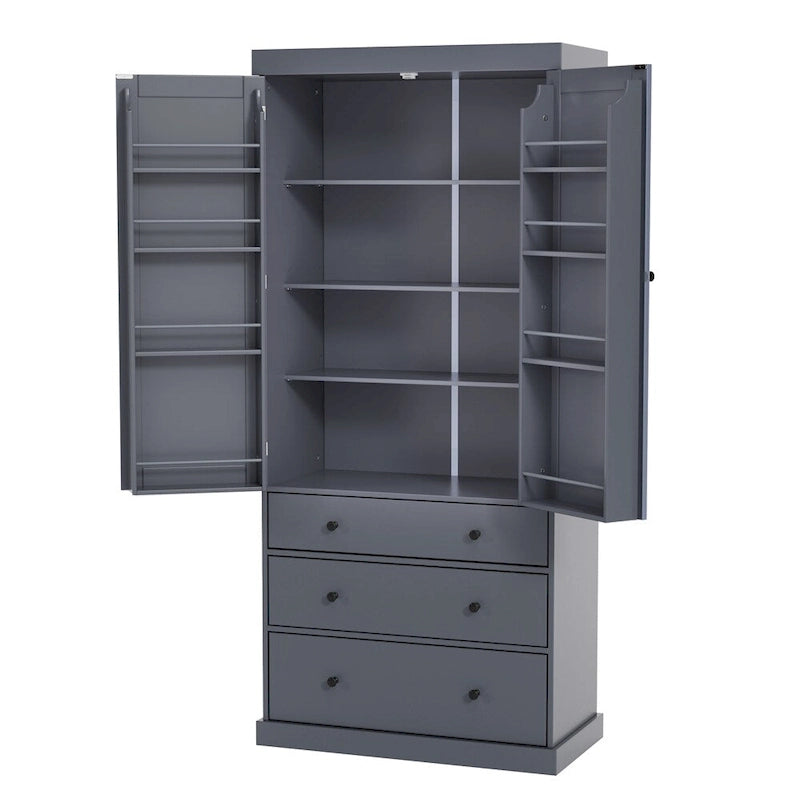 Freestanding Tall Cupboard Storage Cabinet w/ 8 Door Shelves, 3 Drawer
