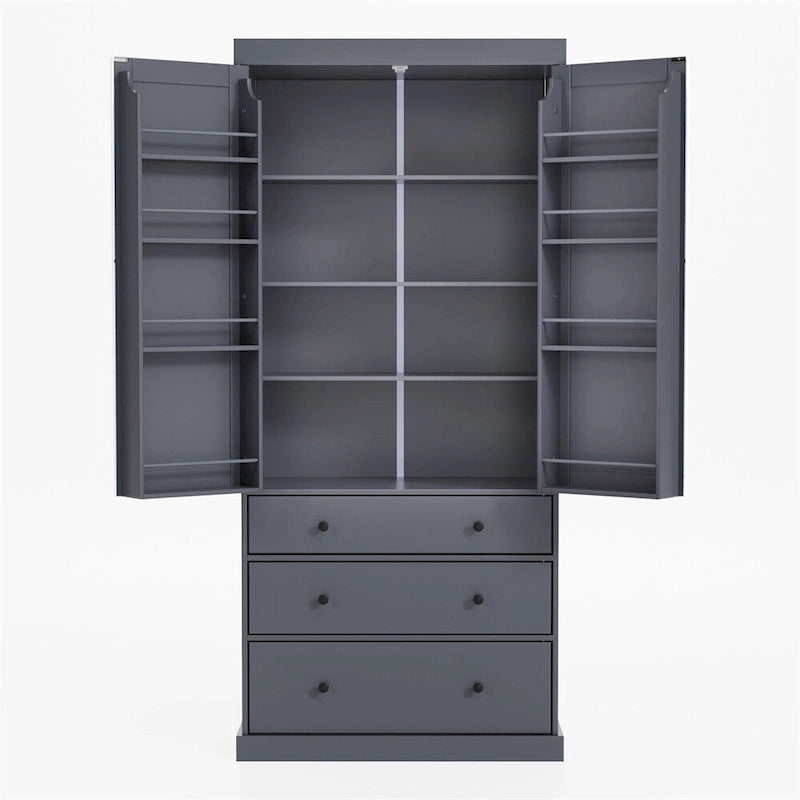 Freestanding Tall Cupboard Storage Cabinet w/ 8 Door Shelves, 3 Drawer