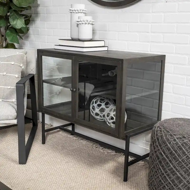Light Brown Solid Wood Accent Cabinet with Black Iron Frame & 2 Glass Doors - 36"L x 18"W x 32"H