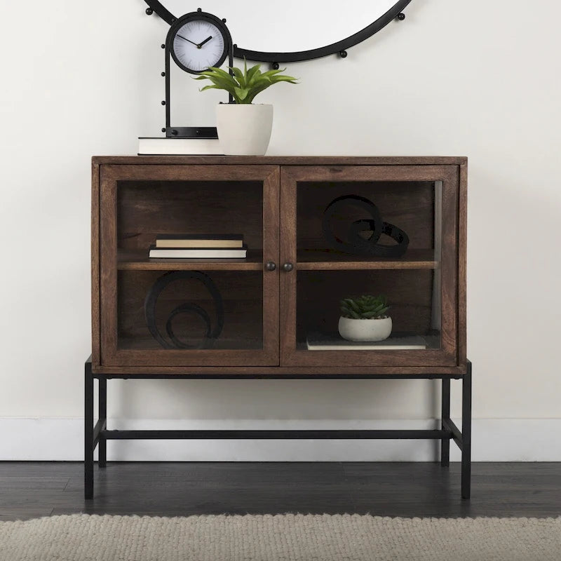 Light Brown Solid Wood Accent Cabinet with Black Iron Frame & 2 Glass Doors - 36"L x 18"W x 32"H