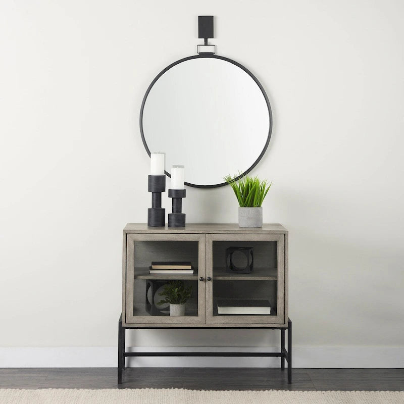 Light Brown Solid Wood Accent Cabinet with Black Iron Frame & 2 Glass Doors - 36"L x 18"W x 32"H