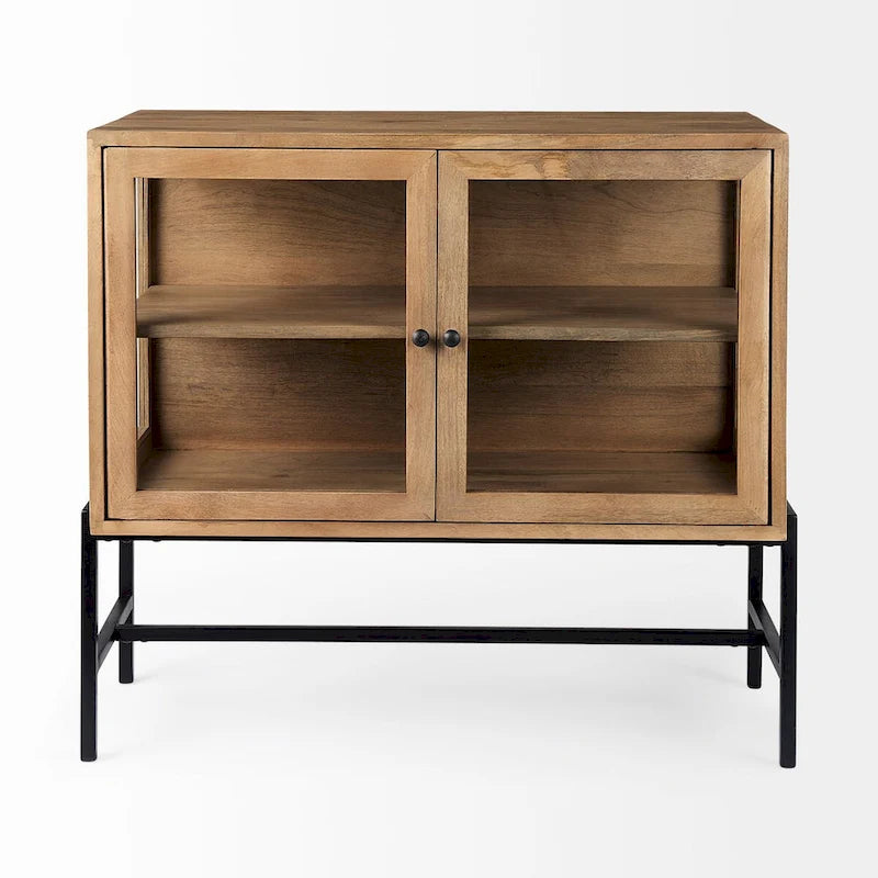 Light Brown Solid Wood Accent Cabinet with Black Iron Frame & 2 Glass Doors - 36"L x 18"W x 32"H