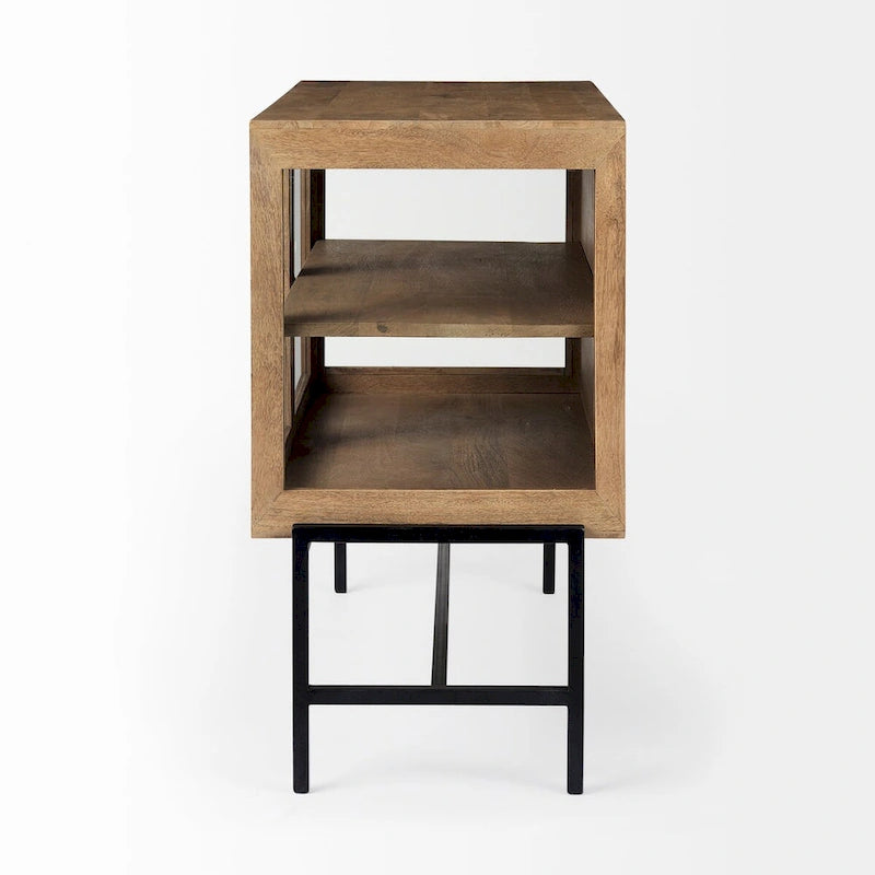 Light Brown Solid Wood Accent Cabinet with Black Iron Frame & 2 Glass Doors - 36"L x 18"W x 32"H