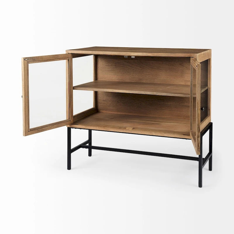 Light Brown Solid Wood Accent Cabinet with Black Iron Frame & 2 Glass Doors - 36"L x 18"W x 32"H