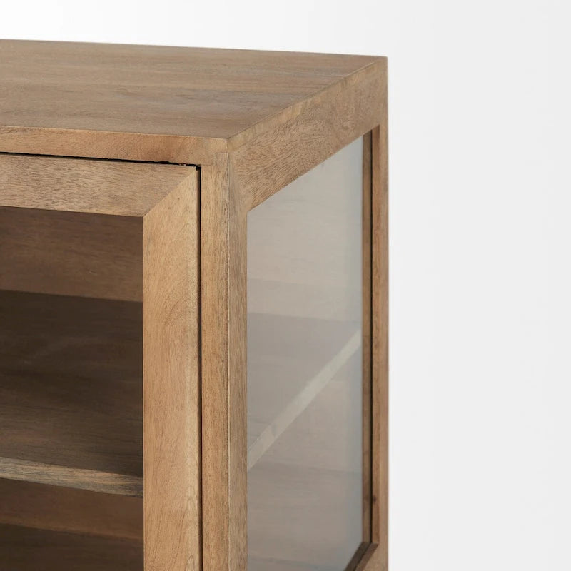 Light Brown Solid Wood Accent Cabinet with Black Iron Frame & 2 Glass Doors - 36"L x 18"W x 32"H