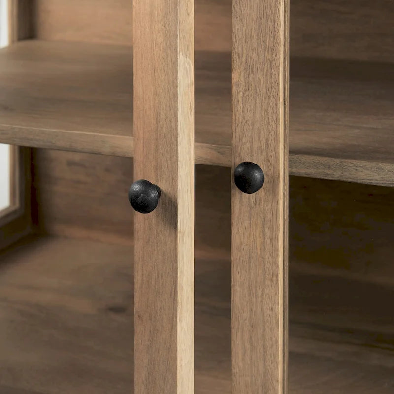 Light Brown Solid Wood Accent Cabinet with Black Iron Frame & 2 Glass Doors - 36"L x 18"W x 32"H