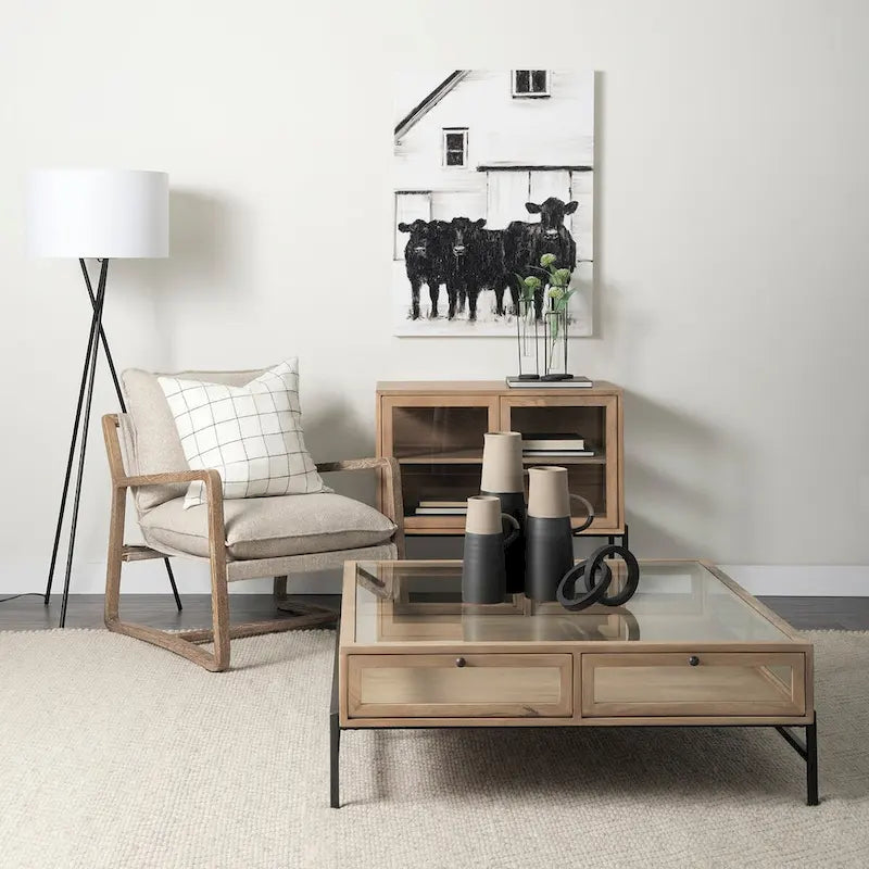 Light Brown Solid Wood Accent Cabinet with Black Iron Frame & 2 Glass Doors - 36"L x 18"W x 32"H