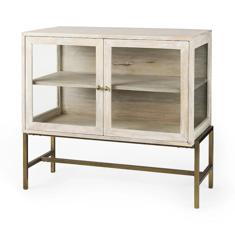 Light Brown Solid Wood Accent Cabinet with Black Iron Frame & 2 Glass Doors - 36"L x 18"W x 32"H