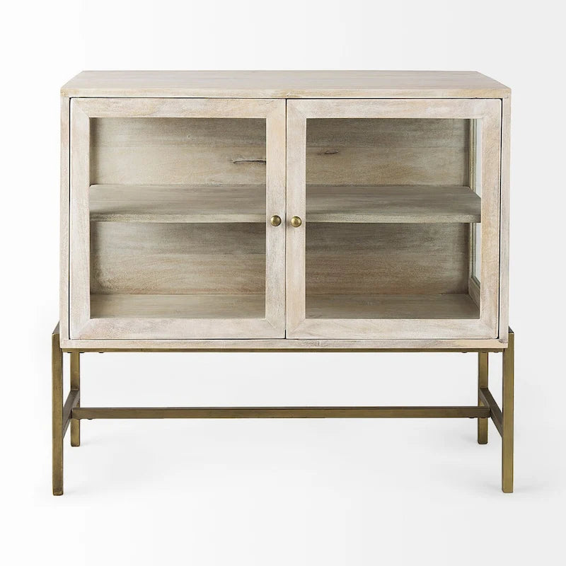 Light Brown Solid Wood Accent Cabinet with Black Iron Frame & 2 Glass Doors - 36"L x 18"W x 32"H