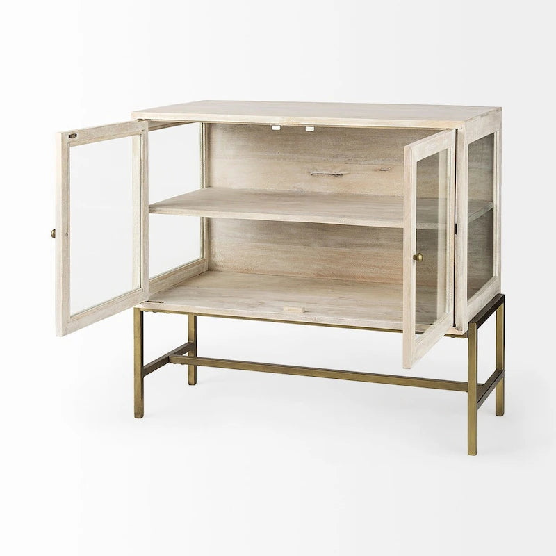 Light Brown Solid Wood Accent Cabinet with Black Iron Frame & 2 Glass Doors - 36"L x 18"W x 32"H