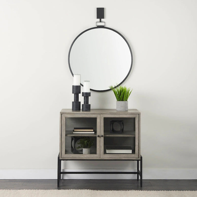 Light Brown Solid Wood Accent Cabinet with Black Iron Frame & 2 Glass Doors - 36"L x 18"W x 32"H